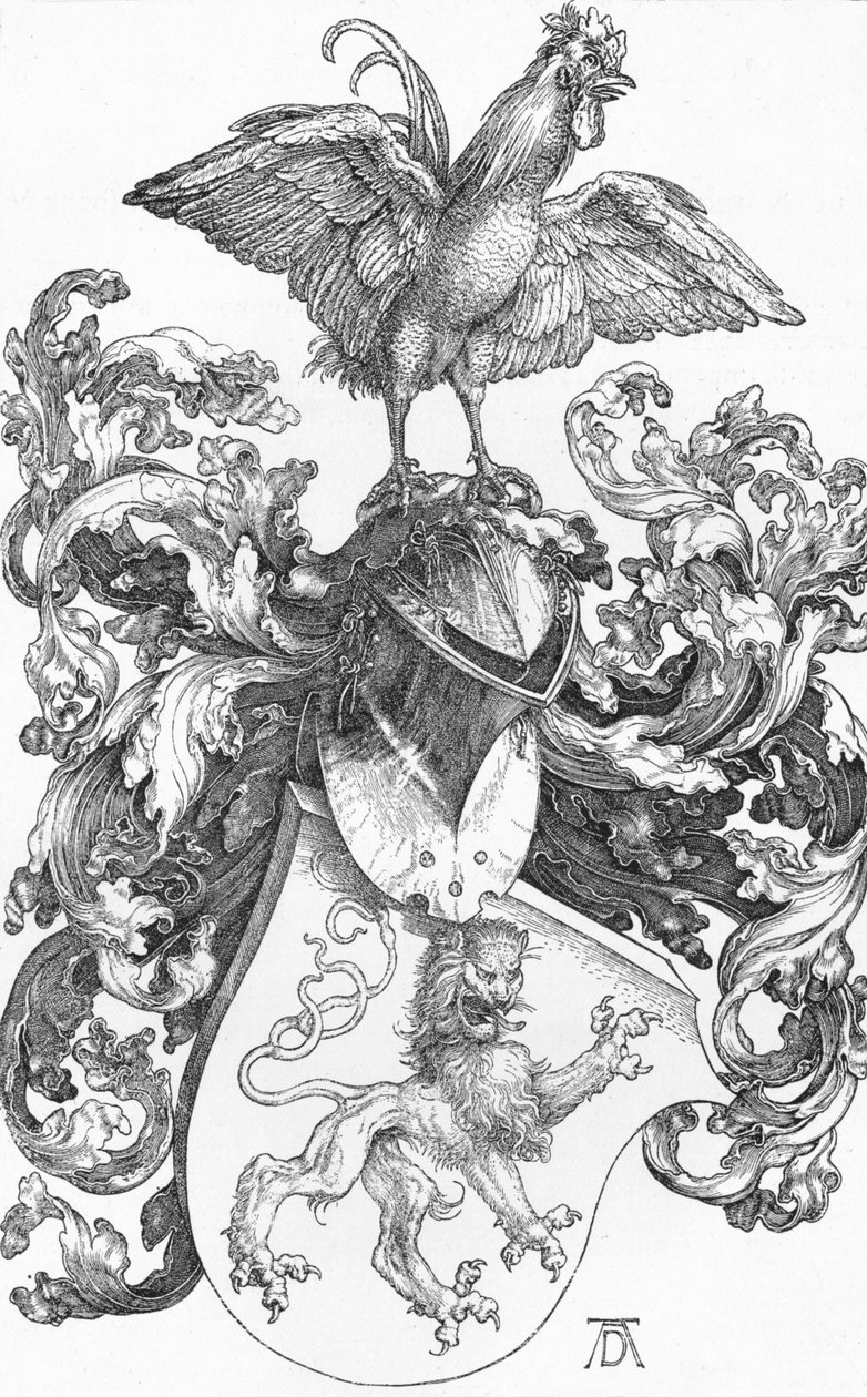 带狮子和公鸡的徽章，c1502-1503，1906年 作者 阿尔布雷希特丢勒