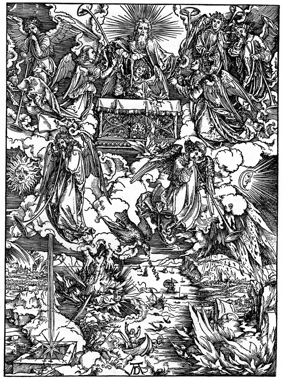 第七封印的开幕，带喇叭的七个天使，1498年，1936年 作者 阿尔布雷希特丢勒