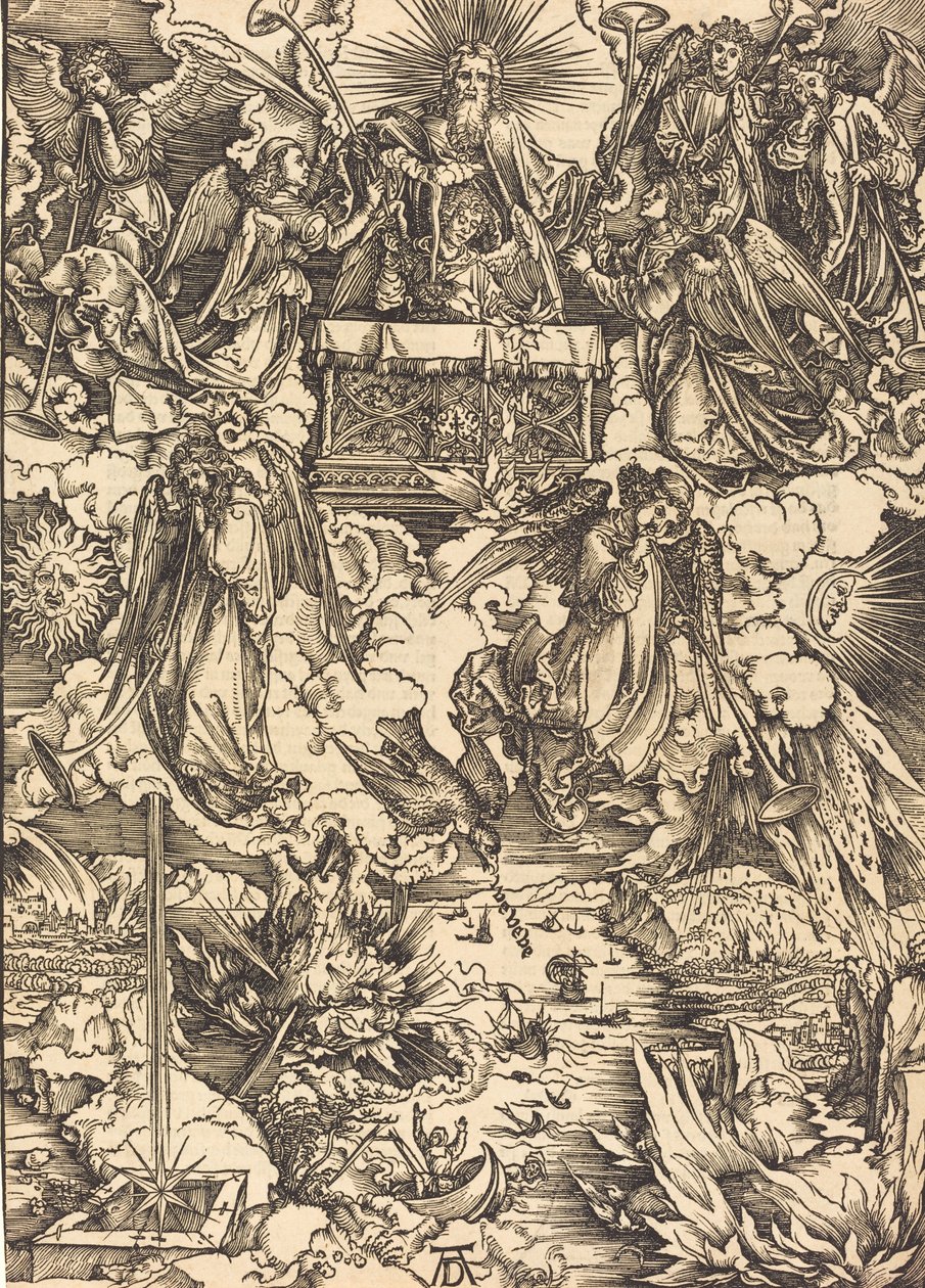 带着喇叭的七位天使，大概在1496-1498年。 作者 阿尔布雷希特丢勒