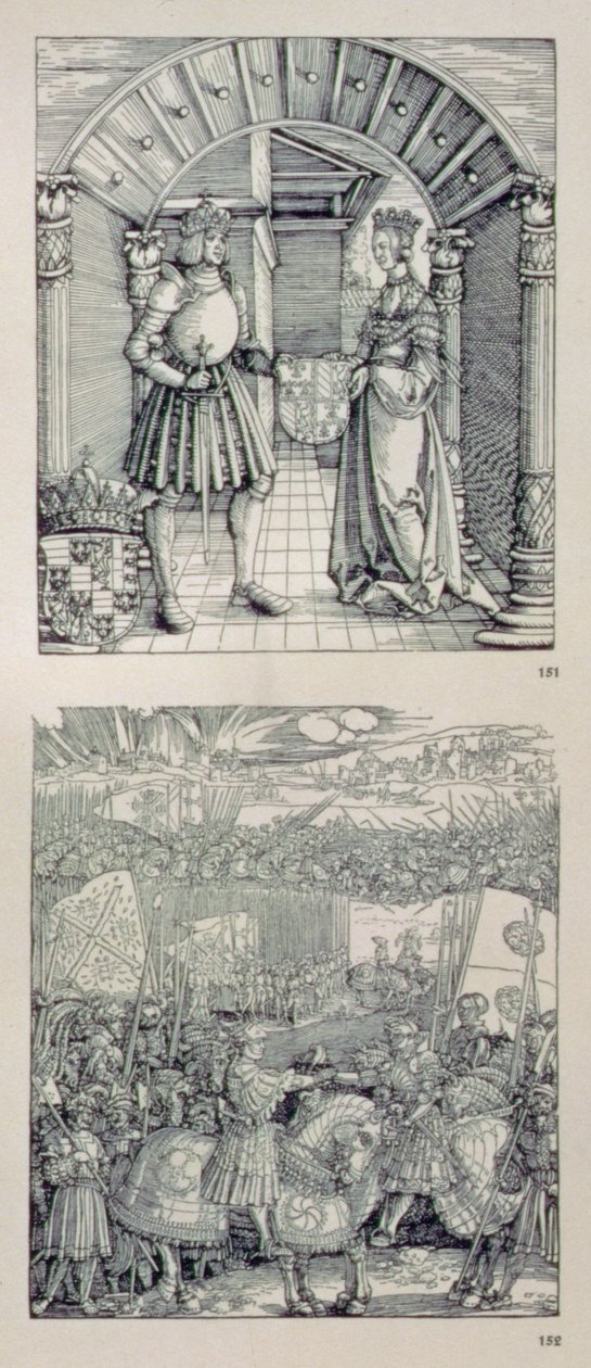 德国皇帝马克西米利安一世的凯旋门（1459-1519）：详细显示两个面板放置在左手门户上方（顶部）马克西米利安一世和他的第一任妻子玛丽勃艮第（1457-82） 作者 阿尔布雷希特丢勒