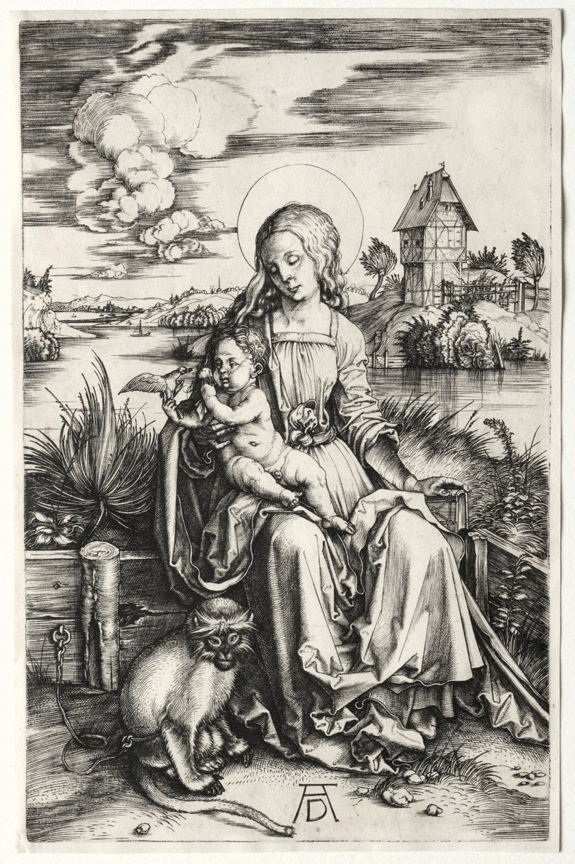 处女和有猴子的孩子，c。 1498。 作者 阿尔布雷希特丢勒