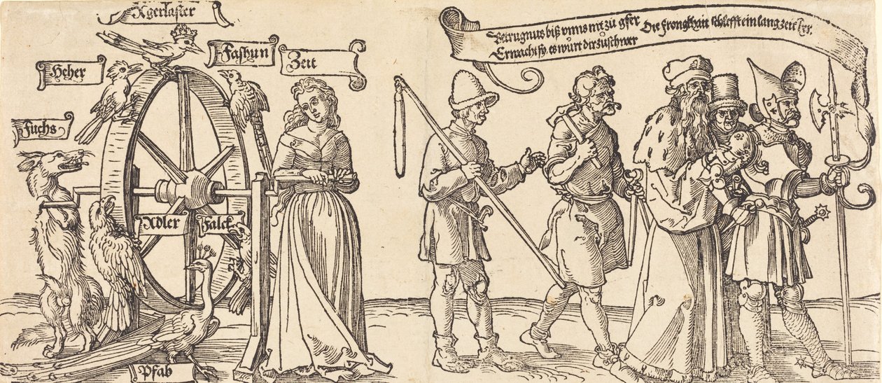 时间和一只狐狸在转动财富之轮，各阶层的人都在右边，可能是1526年。 作者 阿尔布雷希特丢勒