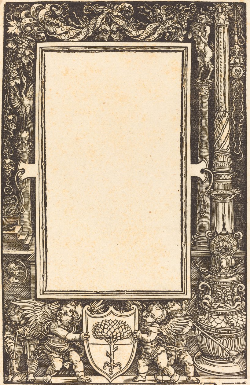 标题-边框是手持皮尔克海默徽章的普蒂，可能是1513年。 作者 阿尔布雷希特丢勒