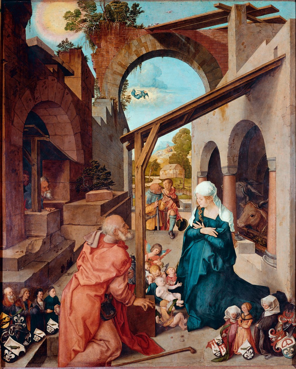 祭坛画 Paumgartner：Albrecht Durer (1471-1528) 约 1504 年创作的“Nativite”画作。 暗淡。 155x126 厘米慕尼黑，旧绘画陈列馆 作者 阿尔布雷希特丢勒