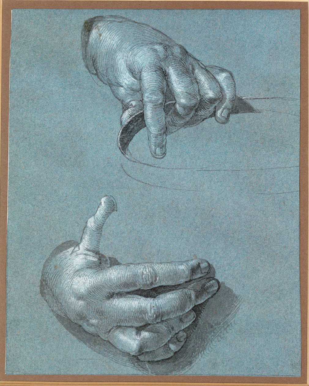 手 - 两项研究（蓝色纸张上的粉笔画） 作者 阿尔布雷希特·丢勒或丢勒