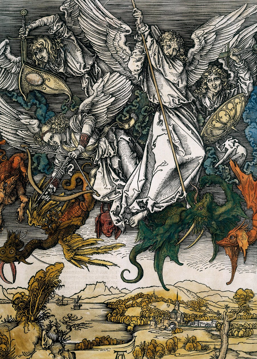 圣约翰的启示录：反叛天使的堕落，约1496-1498年（木刻）。 作者 阿尔布雷希特丢勒