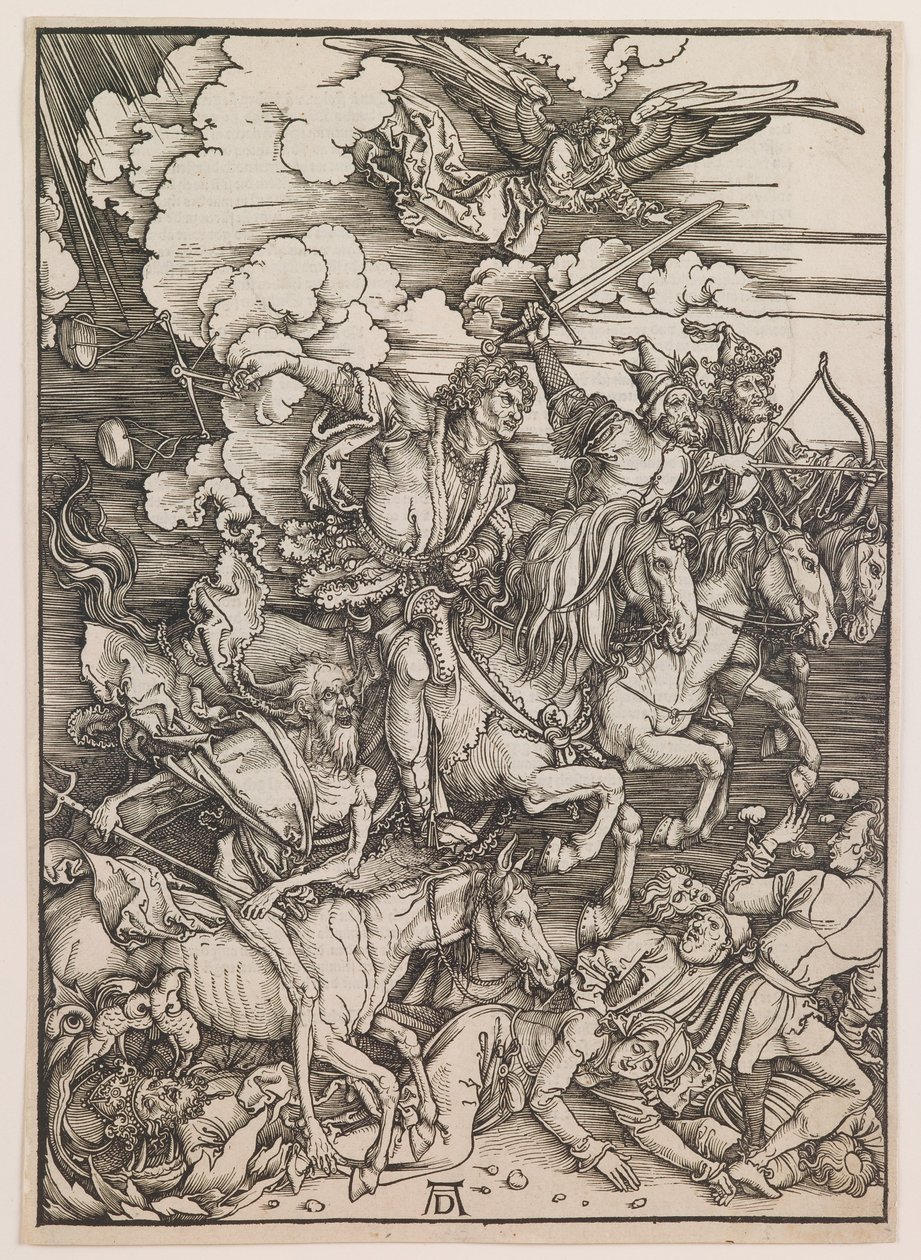 天启四骑士》，选自《天启》，约 1497-98 年（木刻版画） 作者 阿尔布雷希特·丢勒或丢勒