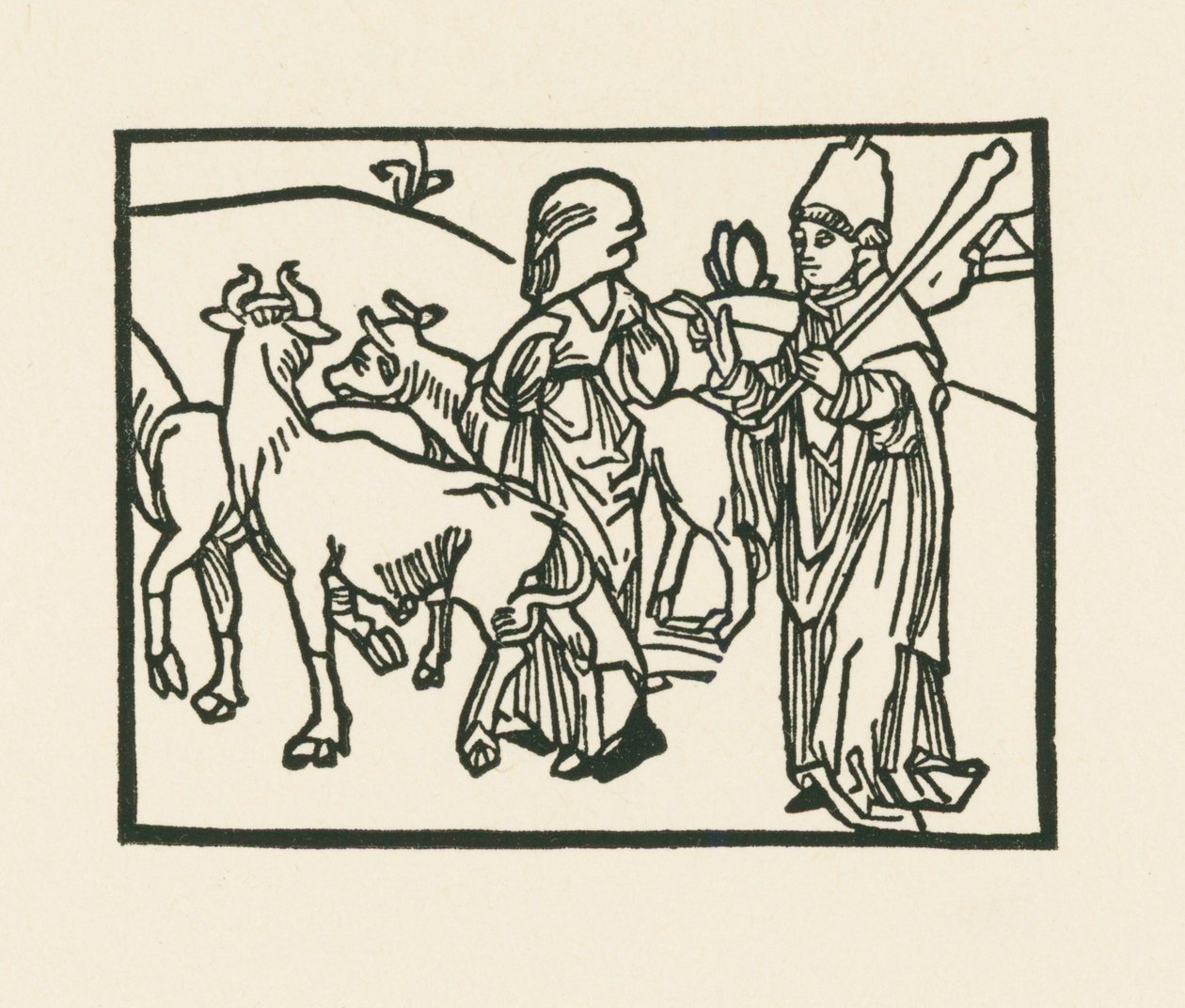 身着法衣的牧师驱赶牛群，前面走着女仆，约 1489-90 年（木刻版画） 作者 阿尔布雷希特·丢勒或丢勒