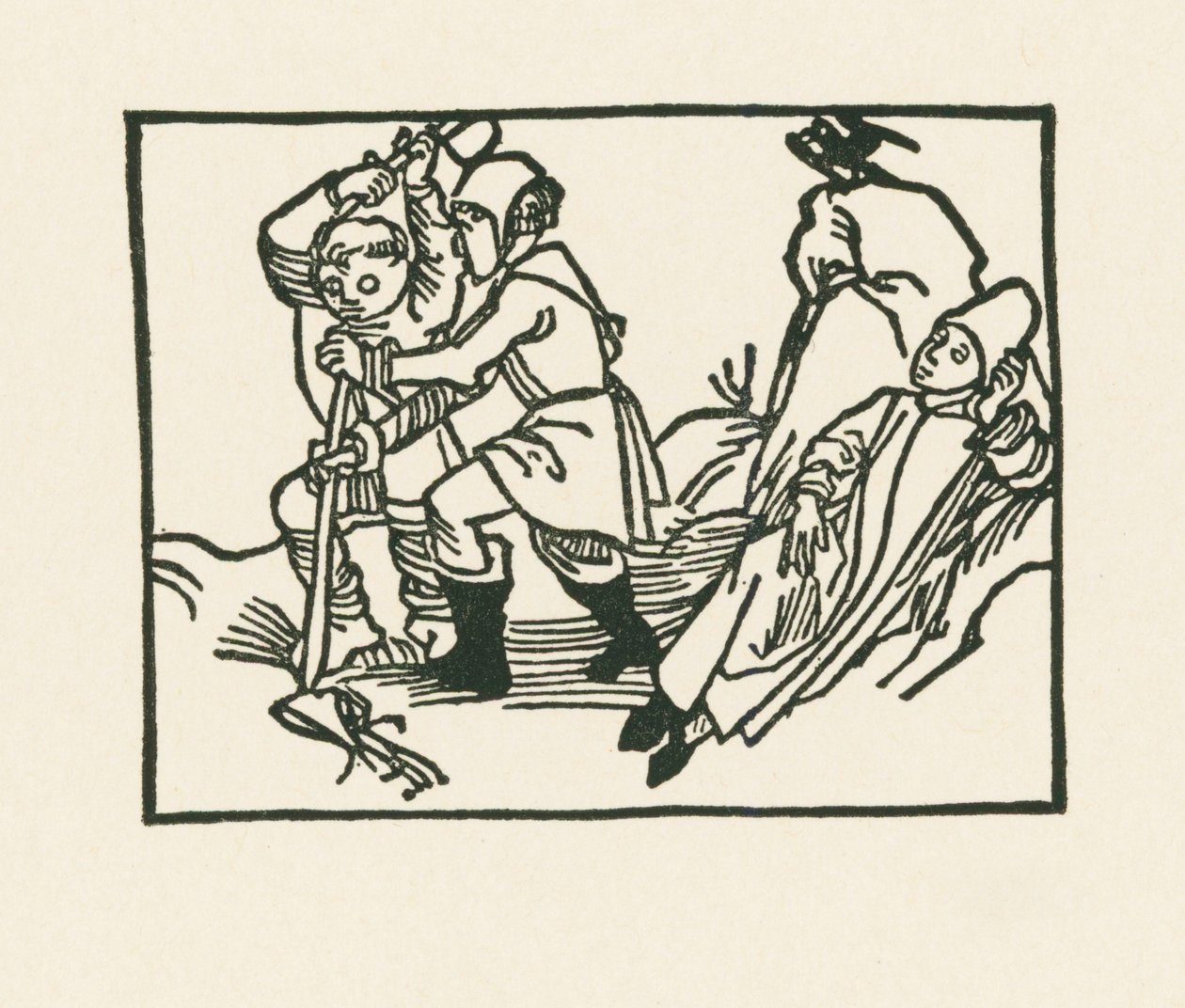 祭司躺在草地上，一只乌鸦在空心石上呱呱叫，约 1489-90 年（木刻） 作者 阿尔布雷希特·丢勒或丢勒