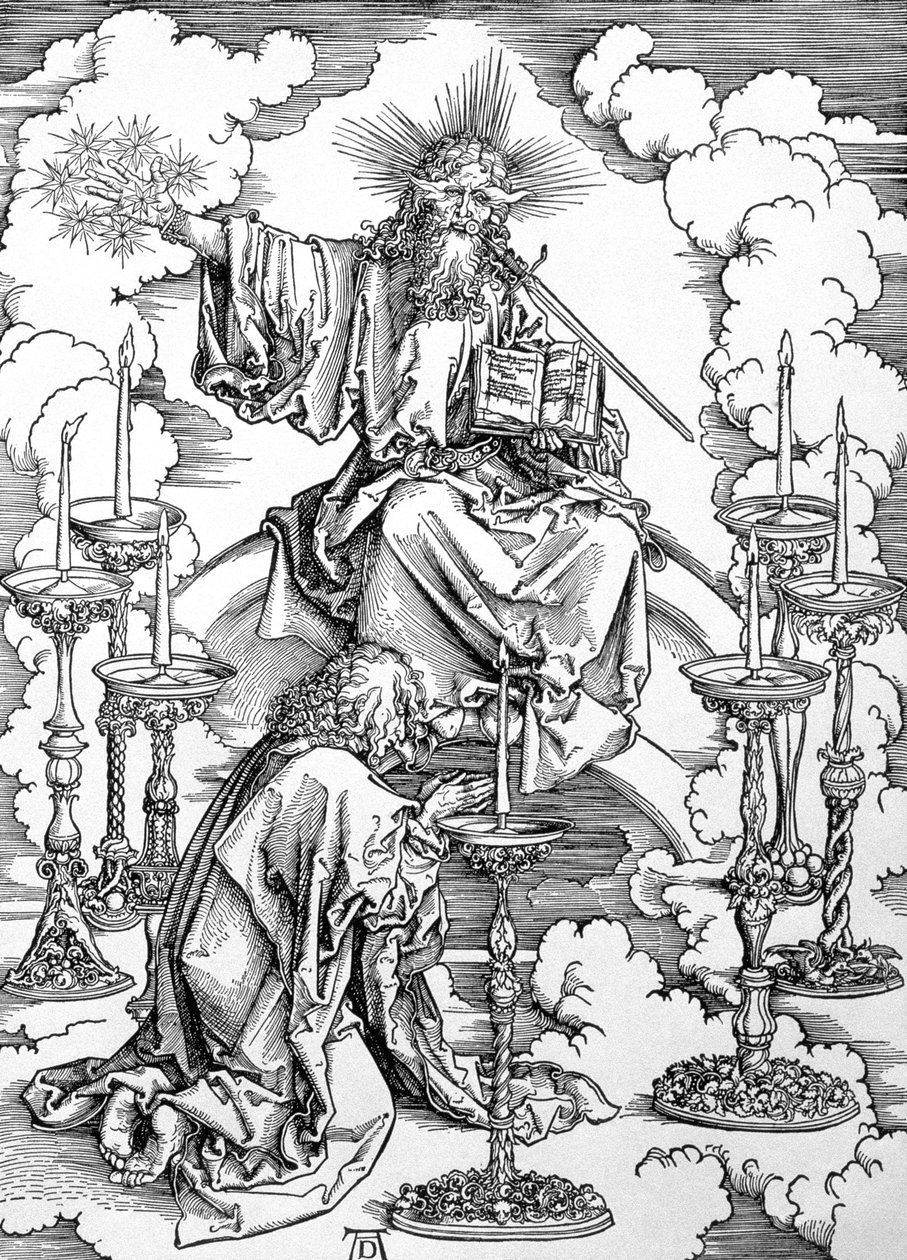 《启示录》或《圣约翰圣启示录》中的七个烛台视觉，酒吧。 1498（木刻） 作者 阿尔布雷希特丢勒