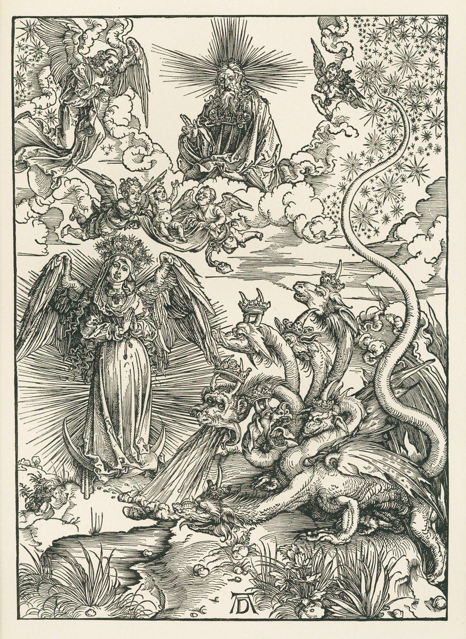 披着太阳的女人和七头龙。圣约翰启示录》，约 1497 年（木刻版画） 作者 阿尔布雷希特·丢勒或丢勒