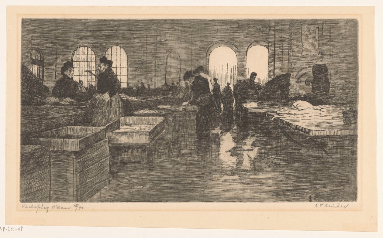 阿姆斯特丹 Nieuwmarkt 街上的 Vismarkt 内景
阿姆斯特丹鱼市场（实物上的原标题） 作者 Albrecht Felix Reicher（艺术家签名）