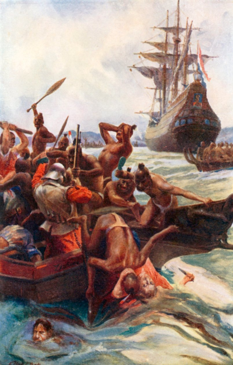 塔斯曼的部下在新西兰海岸附近遭到土著人的袭击（彩色石版画） 作者 亚历克·鲍尔