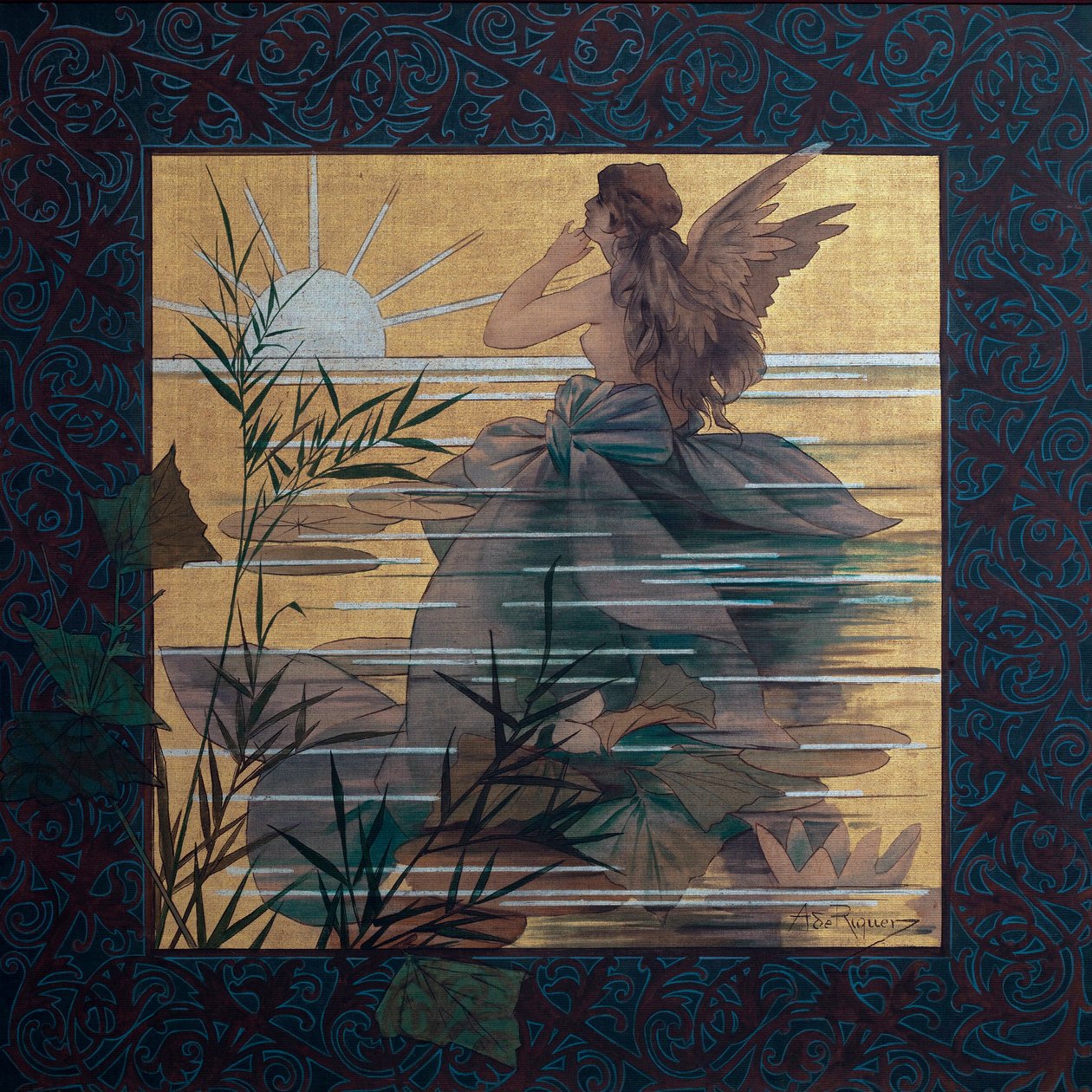 日出时带翅膀仙女的构图 - 亚历山大-德-里克尔（Alexandre de Riquer i Ynglada）（1856-1920 年）的绘画作品 作者 亚历杭德罗·德·里克（Alejandro de Riquer）