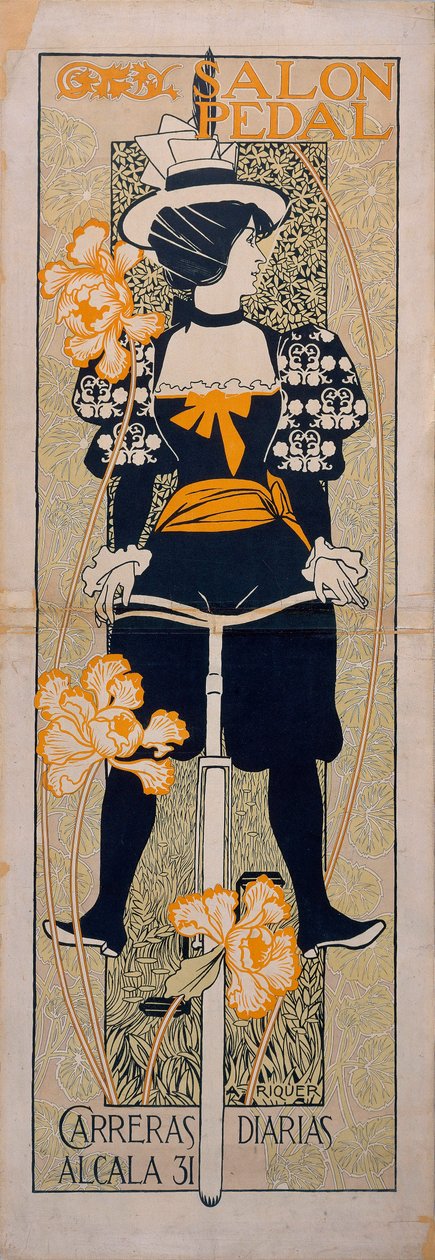 西班牙马拉加自行车道广告 "踏板沙龙"--石版画，作者：Alexandre de Riquer i Ynglada（1856-1920 年 作者 亚历杭德罗·德·里克（Alejandro de Riquer）