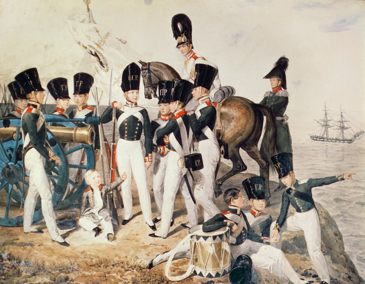 Tsarevich Alexander（1818-81）和他的立宪民主党人在Peterhof，c.1823 作者 亚历山大·巴甫洛维奇·布留洛夫