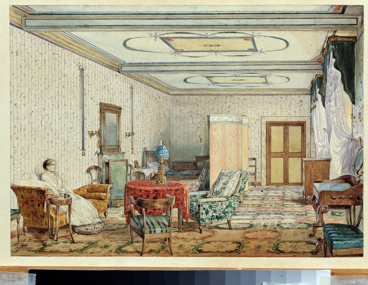 室内（内部）。Oeuvre de Alexander Andreyevich Ivanov (1806-1858)，纸上水彩画和白画，俄罗斯十九世纪艺术。国家艺术博物馆，尼诺夫哥罗德（俄罗斯） 作者 亚历山大·安德烈耶维奇·伊万诺夫（Aleksandr Andreevich Ivanov）