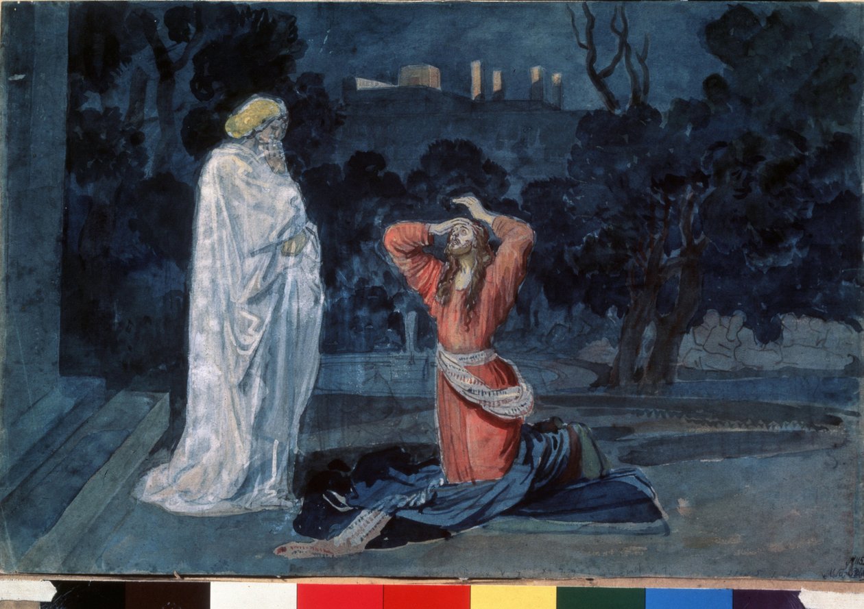 Jesus dans le jardin des oliviers (ou jardin de Gethsemani)（耶稣在客西马尼花园）。Oeuvre de Alexander Andreyevich Ivanov (1806-1858), aquarelle sur papier, vers 1840.十九世纪俄罗斯艺术。特列季亚科夫国家美术馆，莫斯科（俄罗斯）。 作者 亚历山大·安德烈耶维奇·伊万诺夫（Aleksandr Andreevich Ivanov）