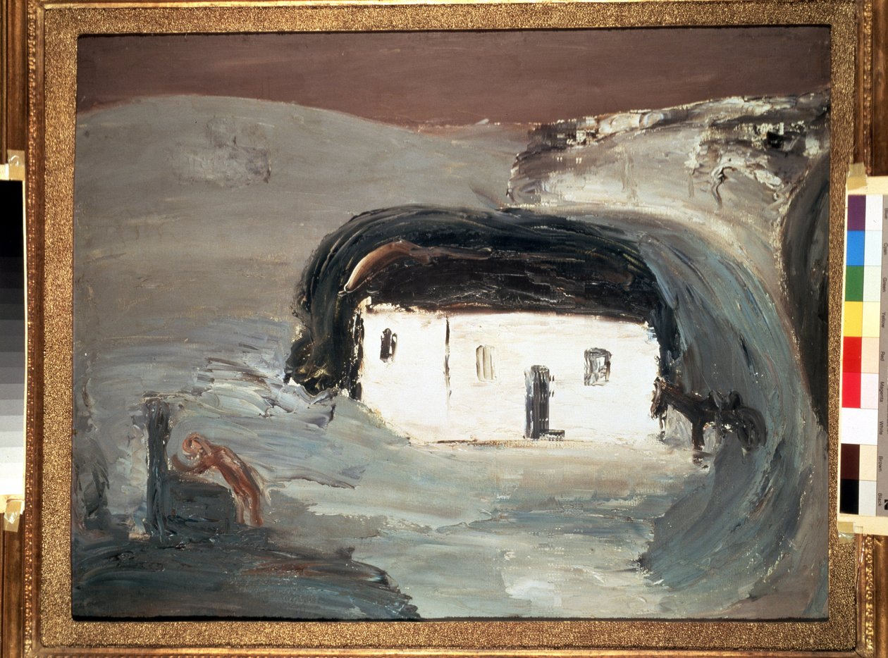 有白色房子的风景。Alexander Davidovich Drevin（1889-1938 年）的画作。布面油画，74 x 92 厘米 作者 亚历山大·戴维多维奇·德雷文（Aleksandr Davidovic Drevin）