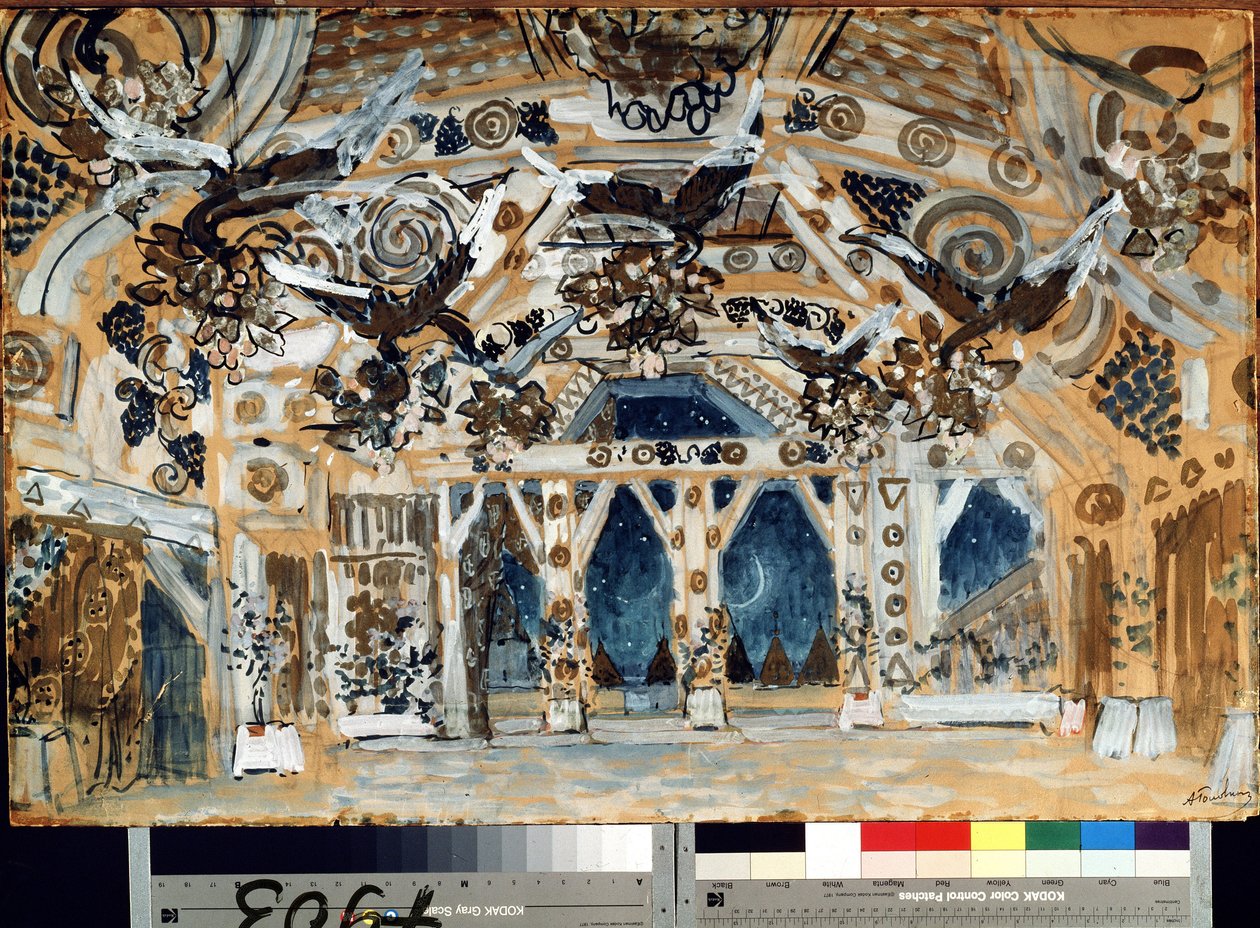 Decor pour la piece de theatre La Dame de la mer de Henrik (Henri) Johan Ibsen (1828-1906)（易卜生戏剧《海上夫人》的舞台设计）。Oeuvre de Alexander Yakovlevich Golovin (Alexandre Golovine) (1863-1930), 纸盒上的粉笔画 作者 亚历山大·雅科夫列维奇·戈洛文