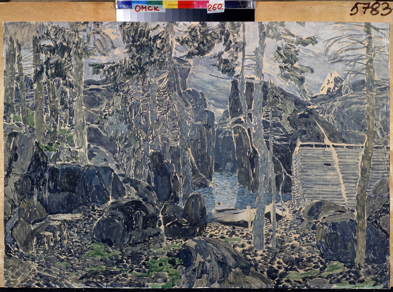 Decor pour la piece de theatre Petit Eyolf de Henrik (Henri) Johan Ibsen (1828-1906) (1828-1906)（易卜生戏剧《小埃约夫》的舞台设计）。Oeuvre de Alexander Yakovlevich Golovin (Alexandre Golovine) (1863-1930), aquarelle sur carton 作者 亚历山大·雅科夫列维奇·戈洛文