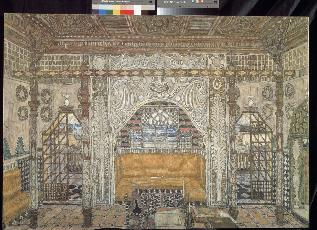 Decor preparatoire pour la piece "Othello" de William Shakespeare (1564-1616)（威廉-莎士比亚戏剧《奥赛罗》的舞台设计）- Peinture de Alexander Yakovlevich Golovin (Alexandre Golovine) (1863-1930), tempera sur bois（亚历山大-雅科夫列维奇-戈洛文（亚历山大-戈洛文）1863-1930 年），木板上的钢笔画 作者 亚历山大·雅科夫列维奇·戈洛文