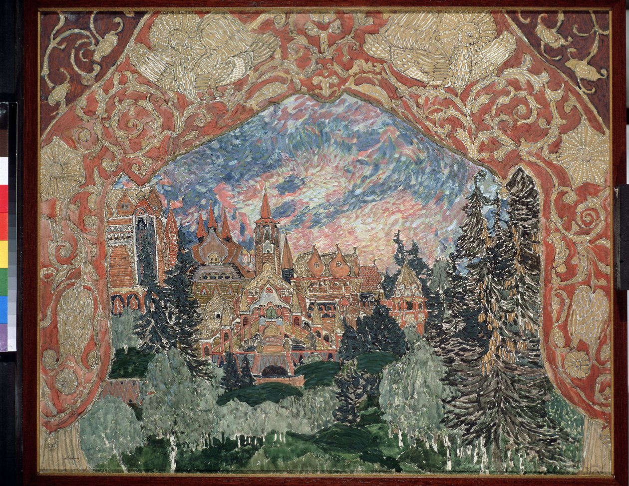 A. Koreshchenko（1870-1921 年）歌剧《魔镜》的舞台设计。描述森林中的俄罗斯小镇，以装饰性幕布为背景。亚历山大-雅科夫列维奇的作品 作者 亚历山大·雅科夫列维奇·戈洛文