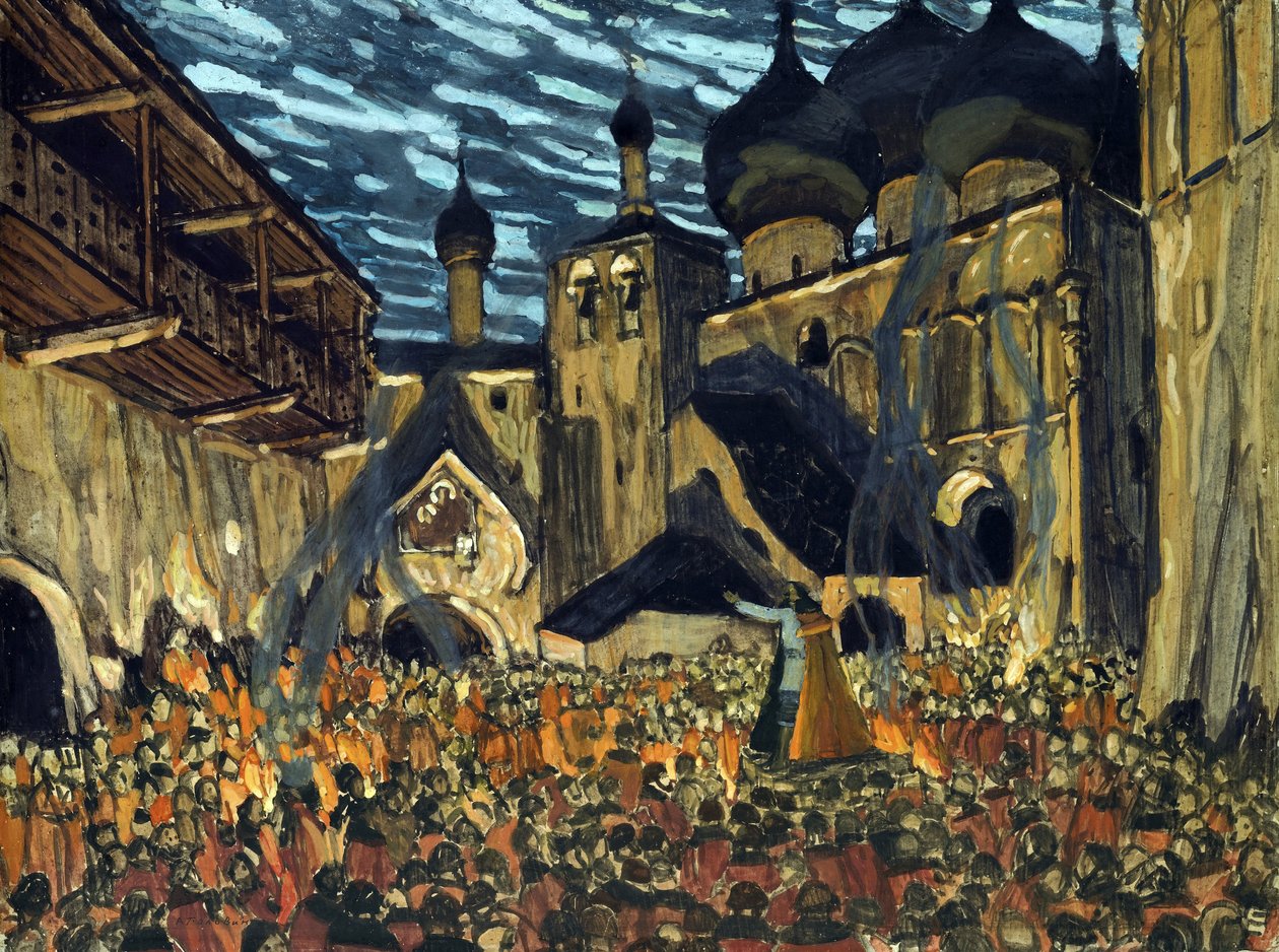 N. Rimsky-Korsakov 的歌剧 The Maid of Pskov 的舞台设计 - Golovin, Alexander Yakovlevich (1863-1930) - 1901 - 纸板上的蛋彩画 - 39x52 - 私人收藏 作者 亚历山大·雅科夫列维奇·戈洛文