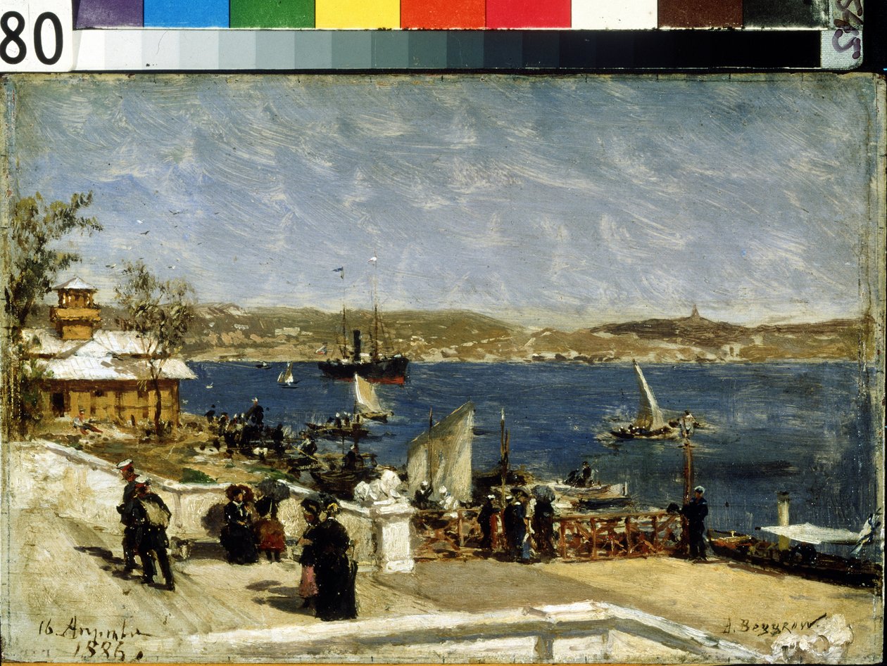 塞瓦斯托波尔河畔的长廊（塞瓦斯托波尔海岸长廊）。Peinture de Alexander Karlovich Beggrov (1841-1914)。水彩画 作者 亚历山大·卡洛维奇·贝格罗夫