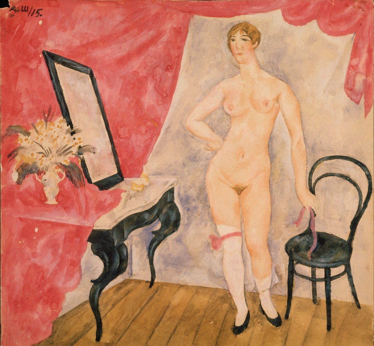 拿着镜子的女人亚历山大-瓦西里耶维奇-舍甫琴科（Alexander Vasilyevich Shevchenko）（1883-1948 年）的画作，布面油画 作者 亚历山大·瓦西里耶维奇·舍甫琴科
