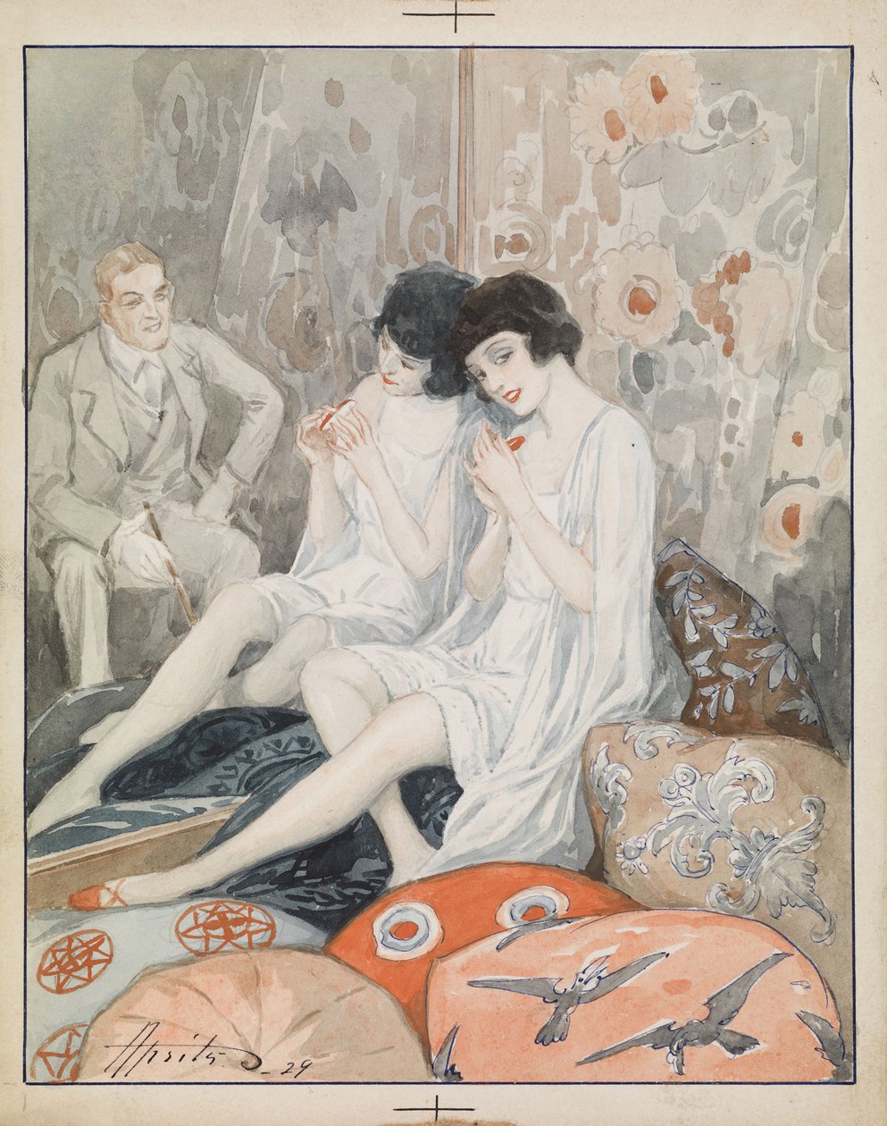 "闺中女子 "水彩画，作者：亚历山大-阿普西特（1880-1944）。 作者 亚历山卓的后殿