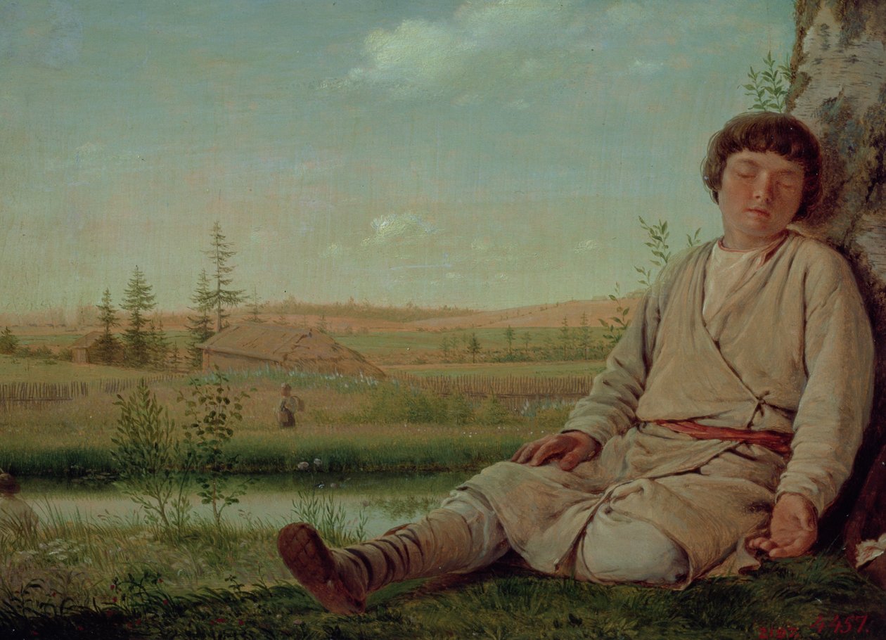 睡觉的牧童，1823-26（面板） 作者 Aleksei Gavrilovich Venetsianov