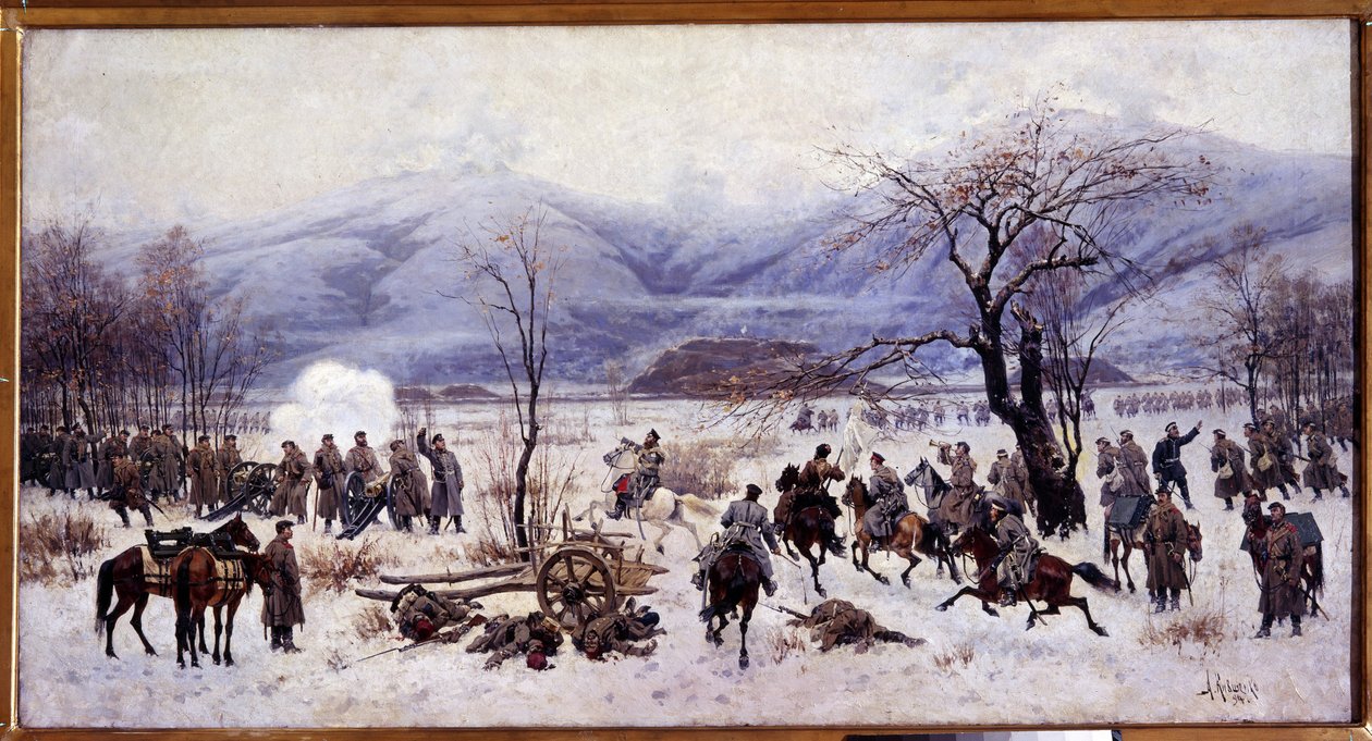 俄土战争（1877-1878 年）：1878 年 1 月 5 日至 9 日在保加利亚希普卡山口的第四次战役。阿列克谢-丹尼洛维奇-基夫申科（1851-1895 年）的画作 作者 亚历山大·达尼洛维奇·基夫申科（Aleksei Danilovich Kivshenko）