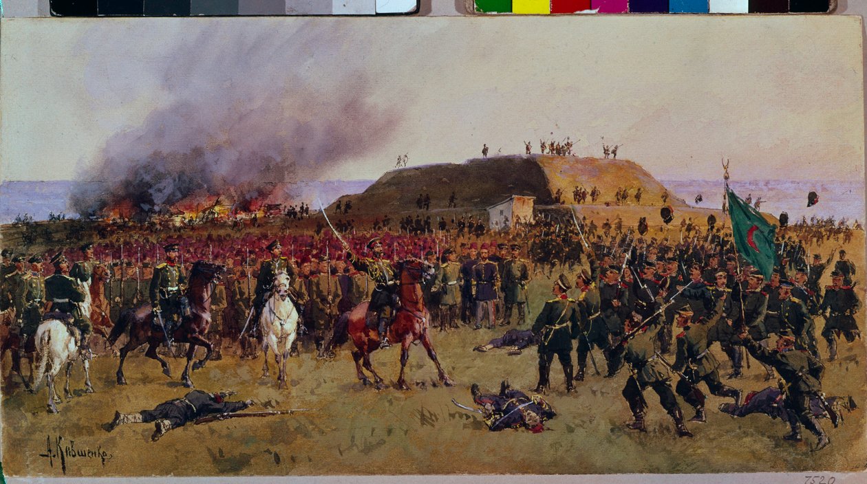 1877 年 10 月 24 日攻占戈尔尼-杜布尼克（Gorni-Dubnik）要塞。俄土战争：俄军哥萨克与奥斯曼帝国士兵之间的战斗场景，争夺希普卡山口（保加利亚）控制权的军事事件。 作者 亚历山大·达尼洛维奇·基夫申科（Aleksei Danilovich Kivshenko）