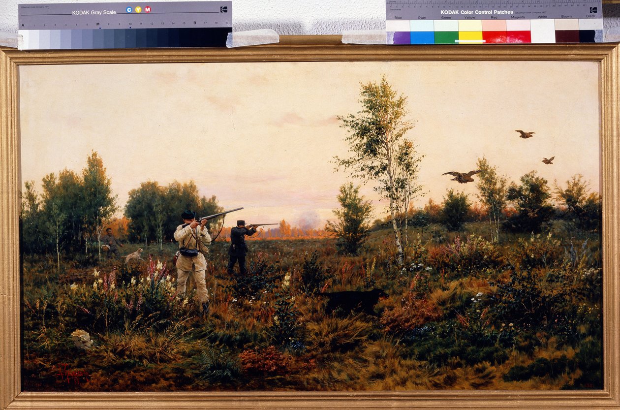 黑鸡射击狩猎场景。阿列克谢-丹尼洛维奇-基夫申科（1851-1895 年）的画作，布面油画 作者 亚历山大·达尼洛维奇·基夫申科（Aleksei Danilovich Kivshenko）