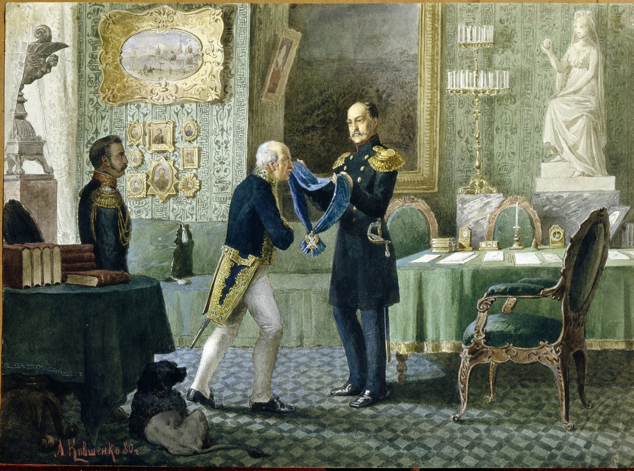 俄罗斯皇帝尼古拉一世（1796-1855 年）向米哈伊尔-斯佩兰斯基伯爵（1772-1839 年）授予圣安德鲁蓝丝带勋章。(尼古拉一世皇帝向米哈伊尔-斯佩兰斯基伯爵授予圣安德鲁蓝丝带勋章）。阿列克谢-达尼洛维奇的作品 作者 亚历山大·达尼洛维奇·基夫申科（Aleksei Danilovich Kivshenko）