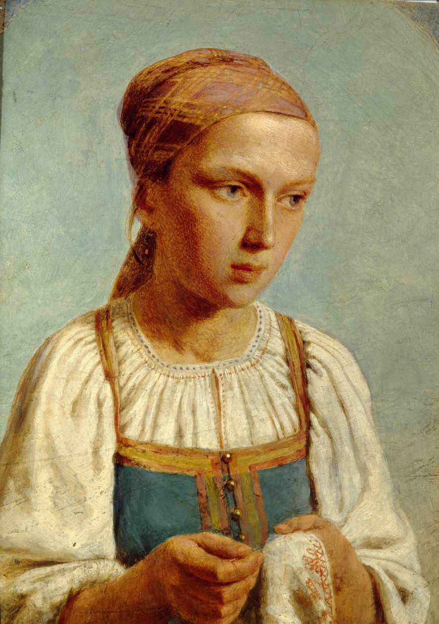 刺绣乡村姑娘，1843年 作者 Aleksei Gavrilovich Venetsianov