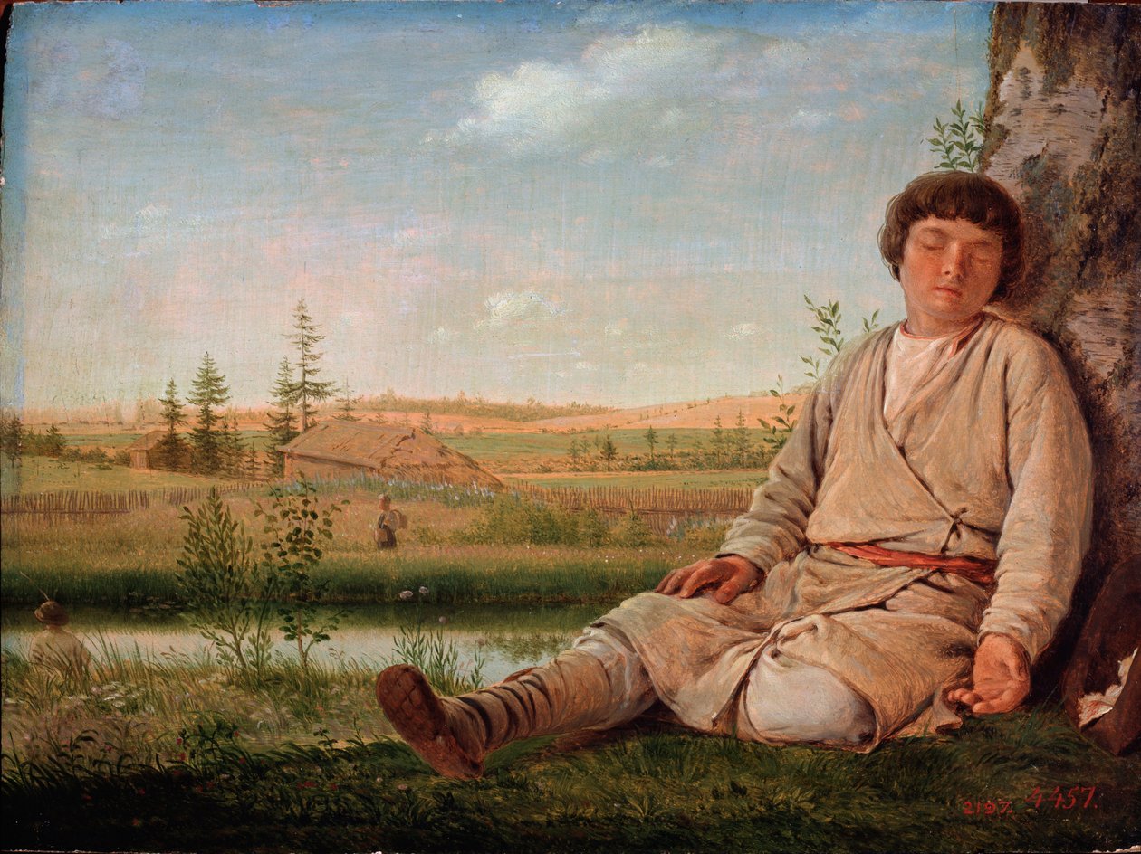Garcon berger endormi（睡梦中的牧童）--阿列克谢-加夫里洛维奇-维内齐亚诺夫（1780-1847 年）的绘画，纸上水彩 作者 Aleksei Gavrilovich Venetsianov