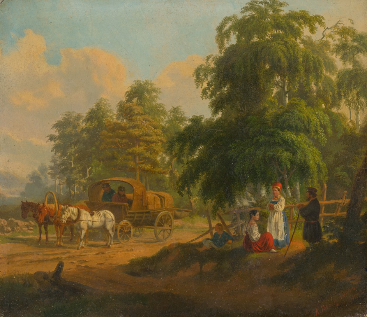与俄罗斯三驾马车的风景，1801年。 作者 Aleksei Gavrilovich Venetsianov