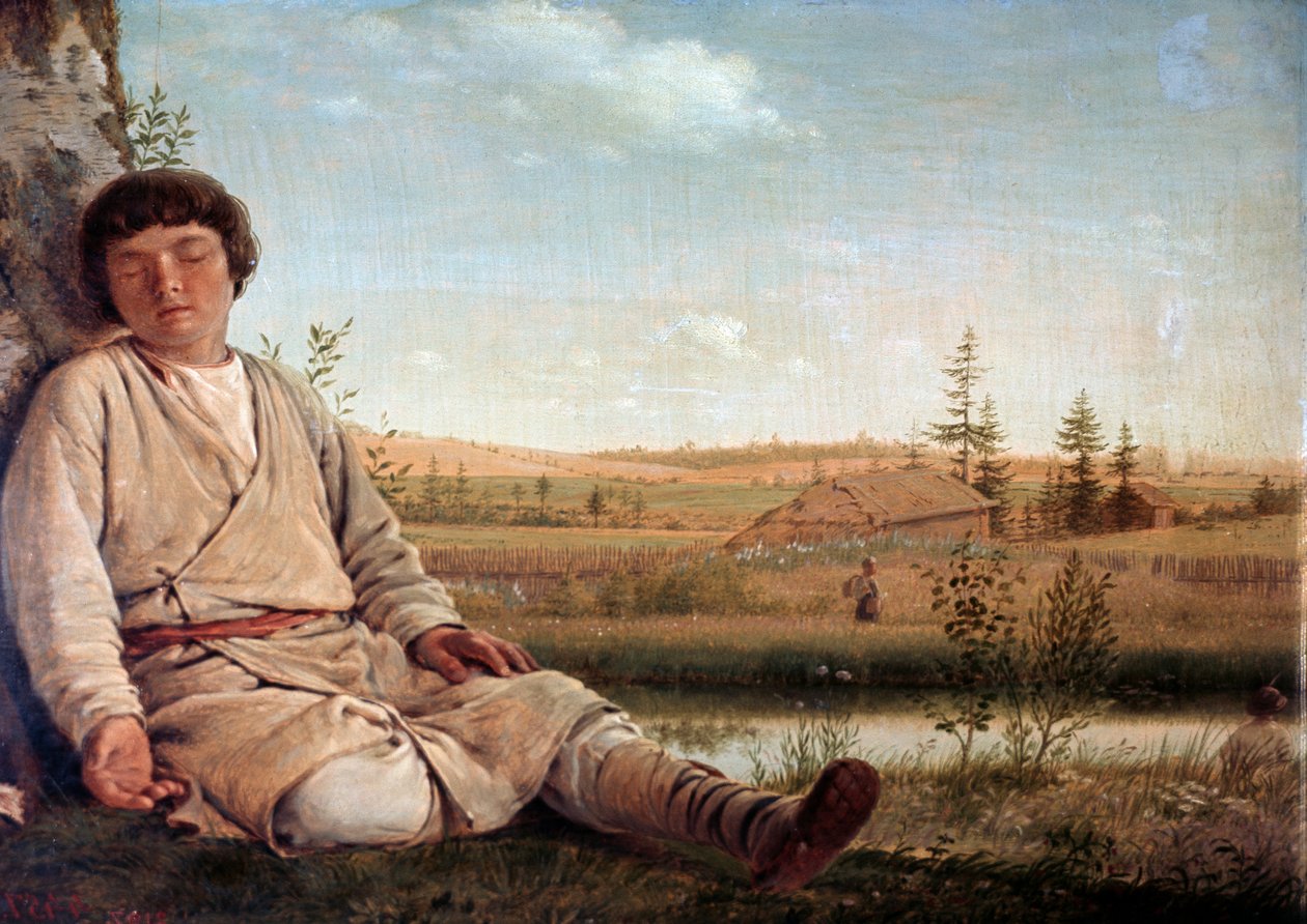 沉睡的牧羊人，作者是阿列克谢-维内奇诺夫（1780-1847）。 作者 Aleksei Gavrilovich Venetsianov