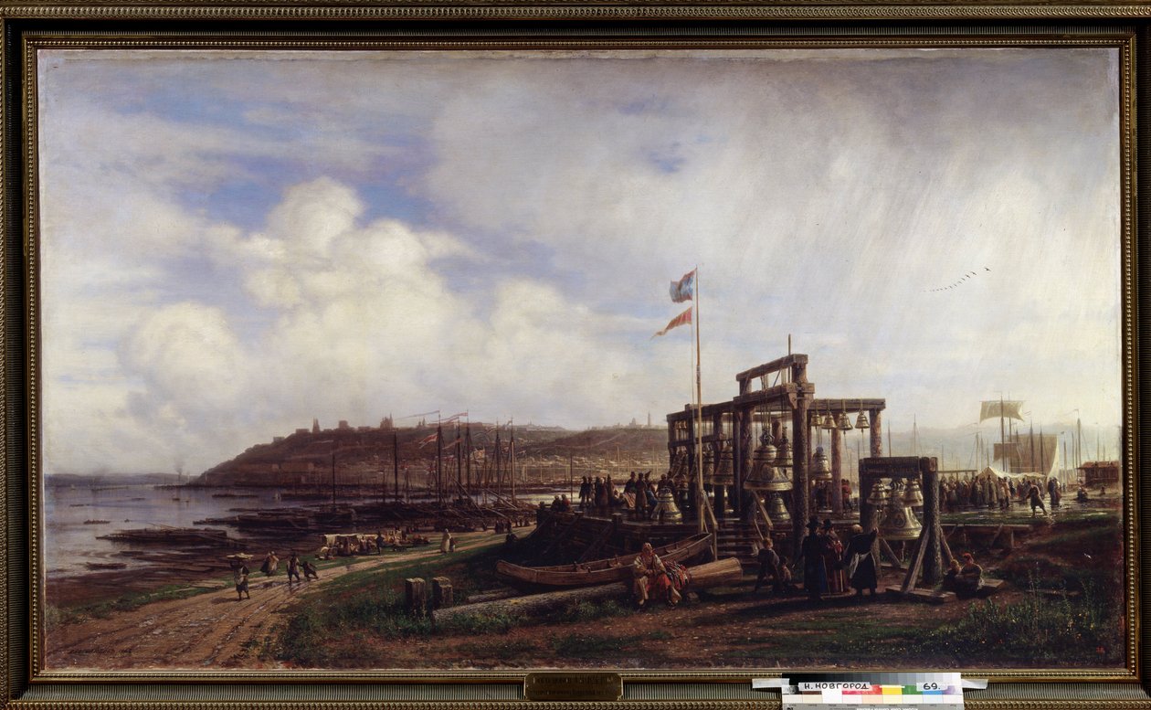 Le marche a Nizhny Novgorod, vendeur de cloches.(下诺夫哥罗德市场，一排钟表摊）。Peinture de Alexei Petrovich Bogolyubov (Bogoliubov ou Bogolioubov) (1824-1896)。水彩画 作者 亚历山大·彼得罗维奇·波哥柳波夫