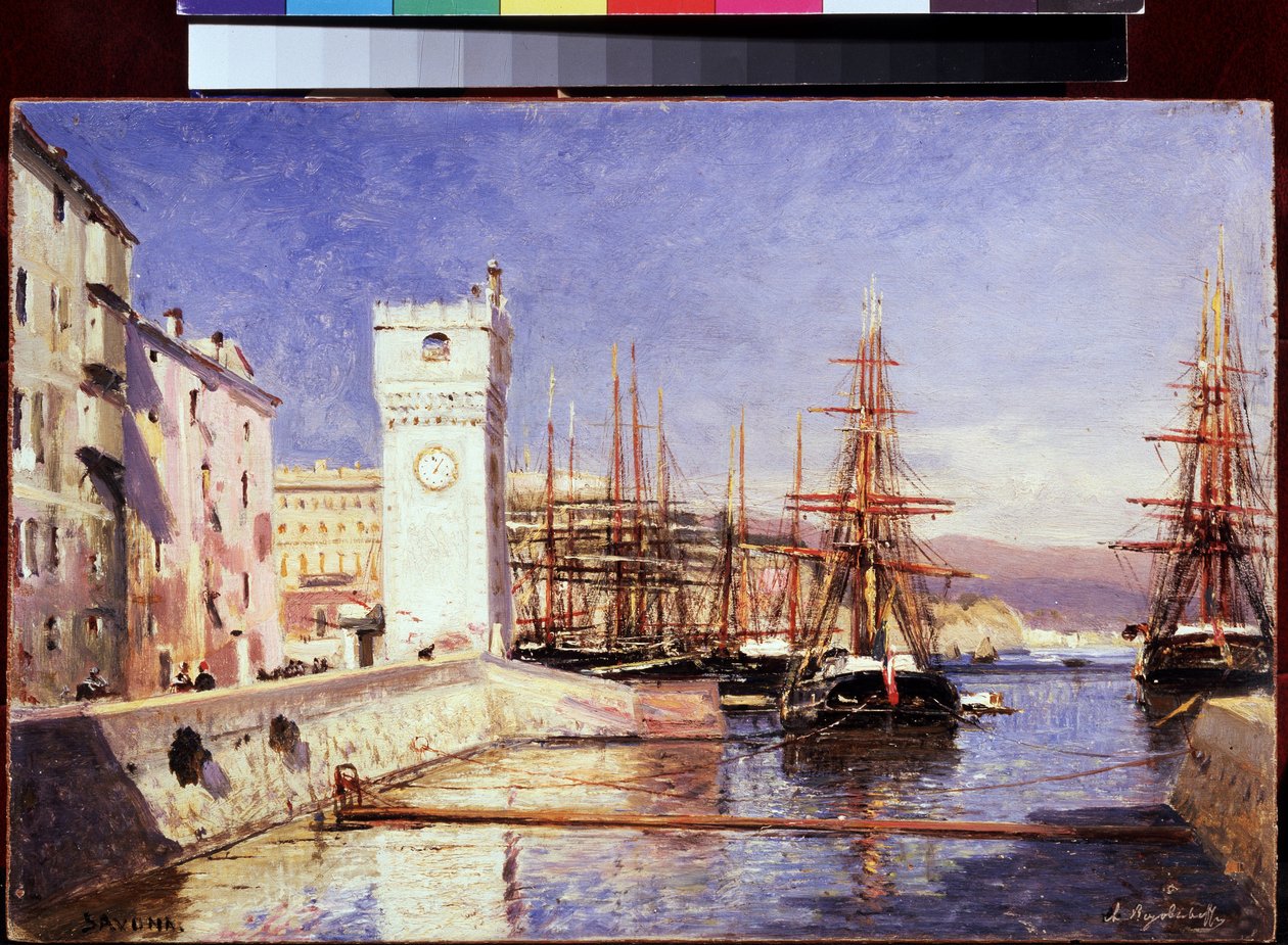 萨沃内（萨沃纳）（意大利）。Peinture de Alexei Petrovich Bogolyubov (Bogoliubov ou Bogolioubov) (1824-1896)。水彩画 作者 亚历山大·彼得罗维奇·波哥柳波夫