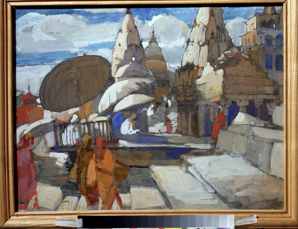 贝拿勒斯（印度）的一座佛塔。描绘印度的街道和建筑，几个身着传统服装的人在从事日常活动。阿列克谢-伊里奇-克拉夫琴科（1889-1940 年）的画作，布面油画 作者 亚历山大·克拉夫琴科（Aleksey Kravchenko）