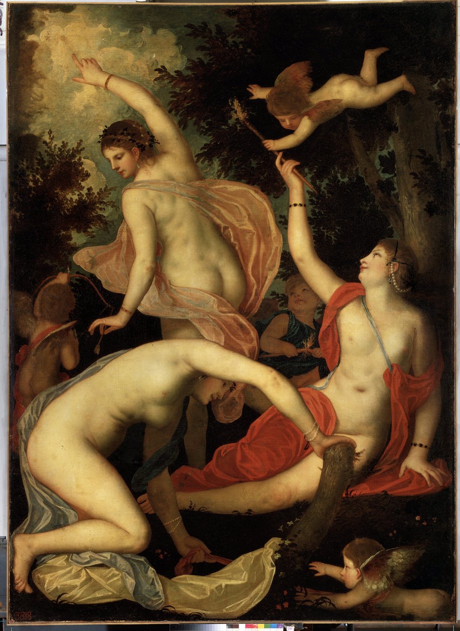 女神与丘比特亚历山德罗-瓦罗塔里（Alessandro Varotari，又名 Il Padovanino，1588-1649 年）的画作。威尼斯艺术，风格流派。布面油画。圣彼得堡冬宫博物馆 作者 亚历山德罗·瓦罗塔里（Alessandro Varotari）