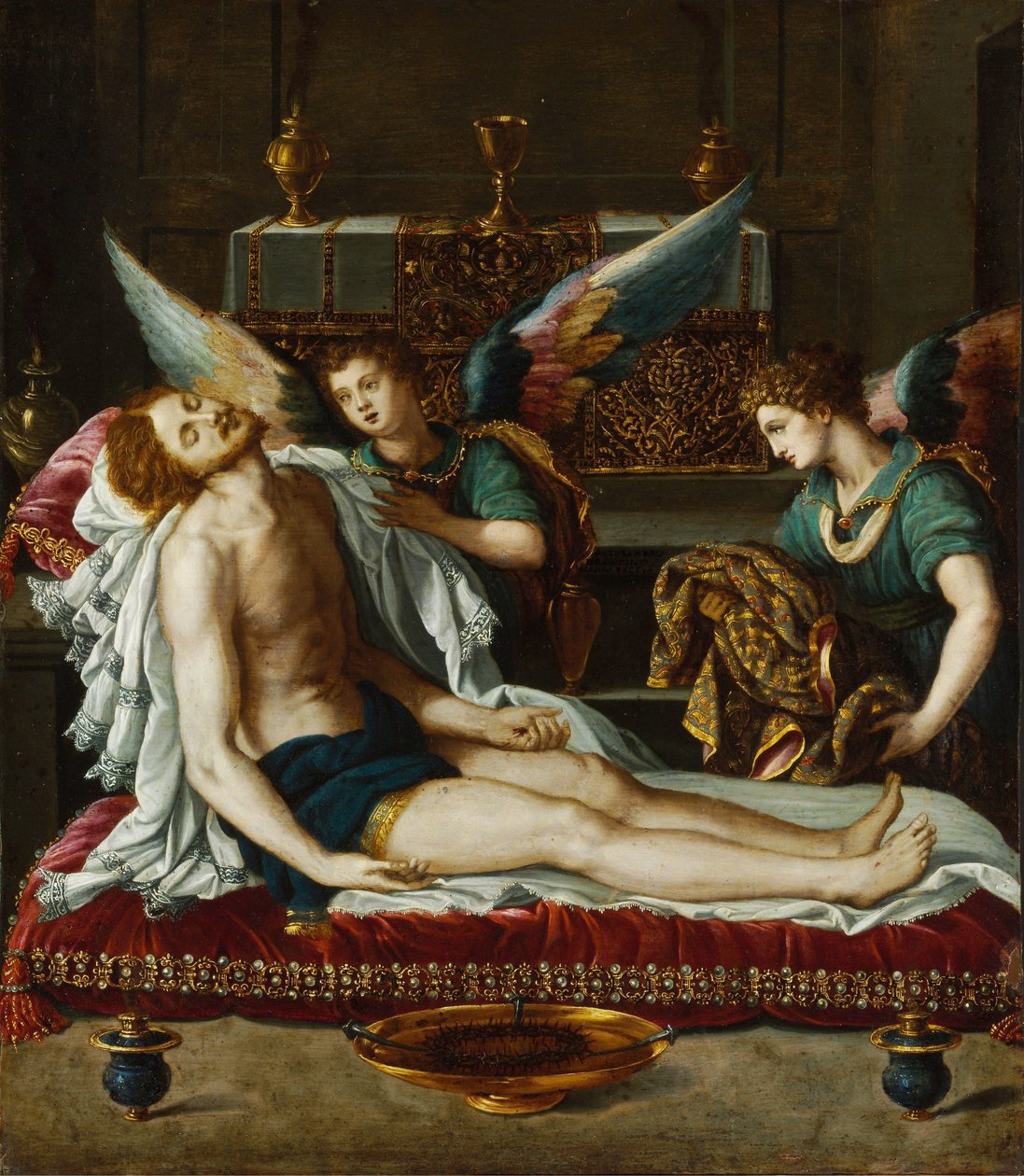 Le Corps du Christ oint par deux anges - 两名天使膏抹的基督之躯 - Allori, Alessandro (1535-1607) - 约 1593 - 铜面油画 - 45x39 - 布达佩斯 Szepmuveszeti 纪念馆 作者 亚历山德罗·阿洛里（Alessandro Allori）