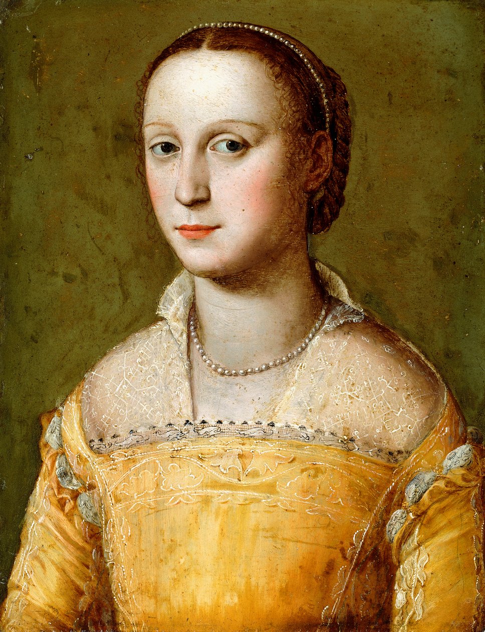 Eleanora d“ Este的肖像，半身，穿着金色连衣裙， 作者 亚历山德罗·阿洛里（Alessandro Allori）