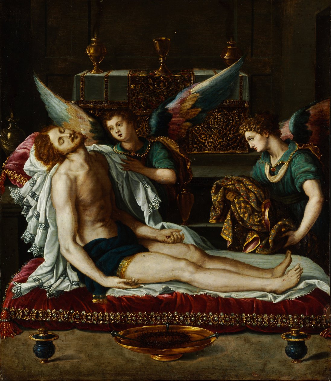 两位天使膏立的基督身体 作者 亚历山德罗·阿洛里（Alessandro Allori）