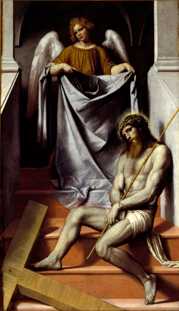 The Passion of Christ and the Angel Christ falls in suffering near his cross. Painting by Alessandro Bonvicino dit Il Moretto da Brescia (1498-1554) 16th century Sun. 209x126 cm Brescia, Pinacoteca Tosio Martinengo 作者 亚历山德罗·邦维奇诺·莫雷托