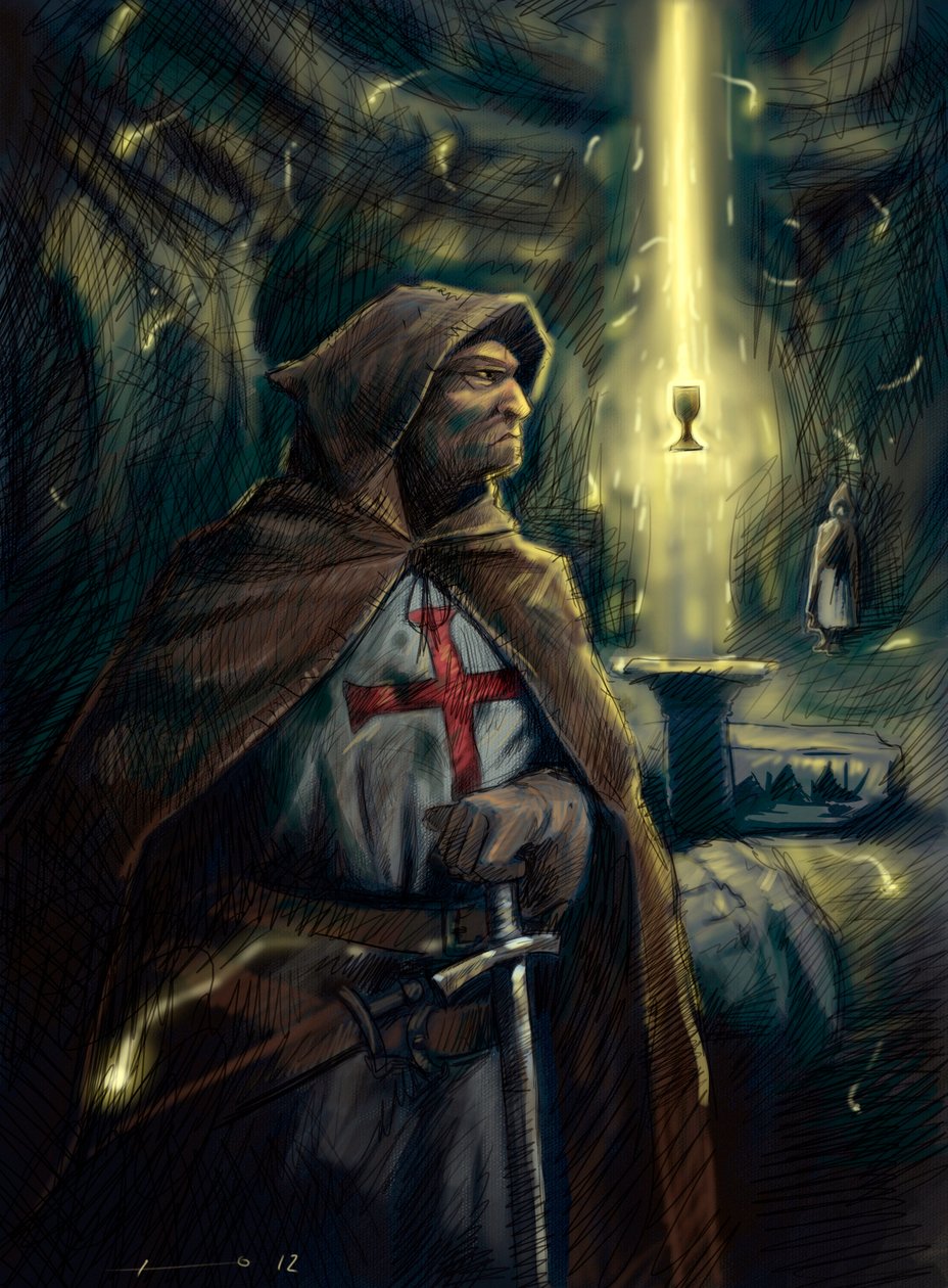 圣殿骑士团（Templar）的一名骑士身后的圣杯。插图 亚历山德罗-洛纳蒂 作者 亚历山德罗·洛纳蒂