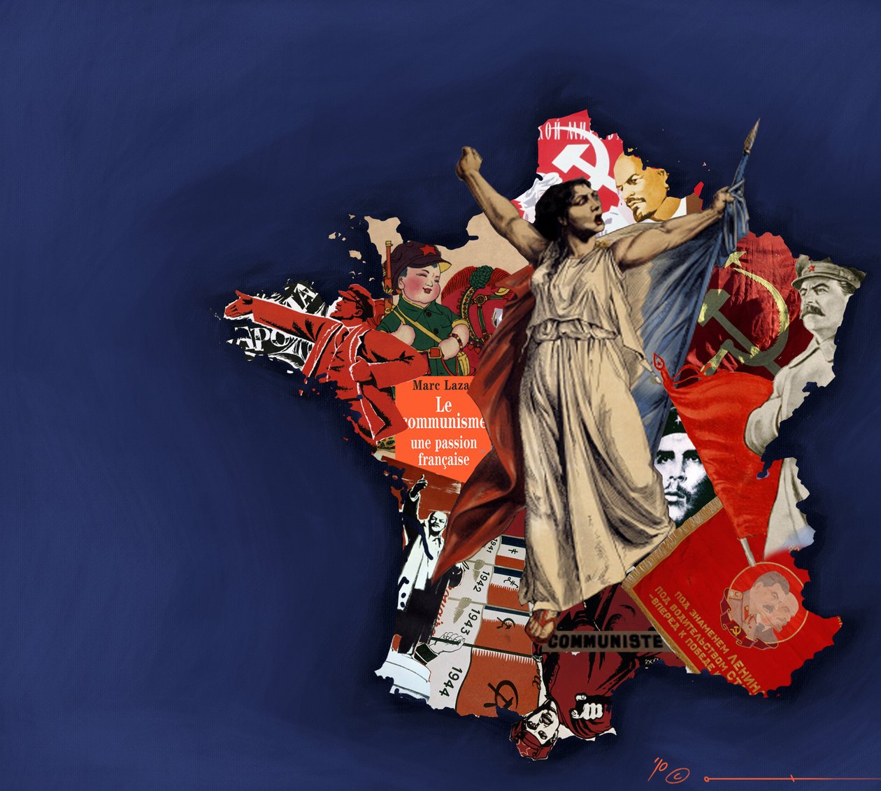 共产主义拼贴背景下的玛丽安娜。法国共产主义的寓言。2010 年 亚历山德罗-洛纳蒂创作的彩色绘画。 作者 亚历山德罗·洛纳蒂